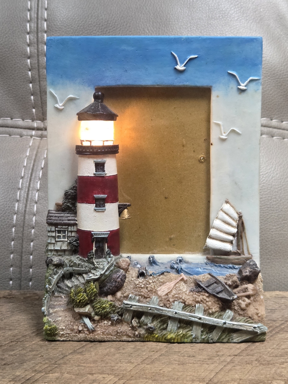 Vintage Resin 3D Nautical Lighthouse Light Up Picture Frame ~ Bin 1G